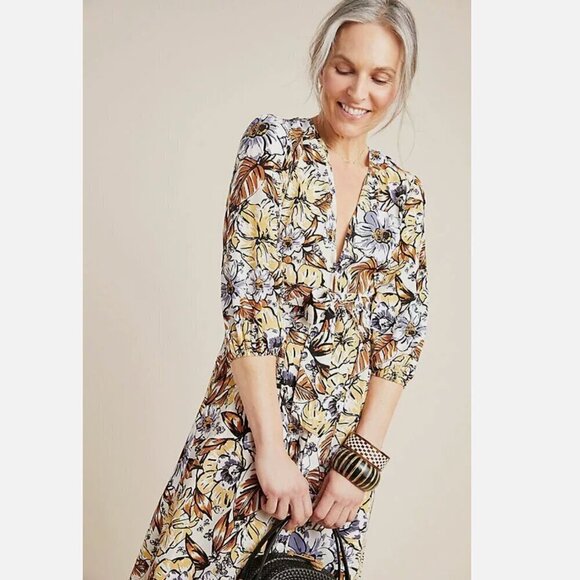 Faithfull The Brand x Anthropologie Chloe Midi Dress Floral Gold Cream Women's 4 - Picture 4 of 9